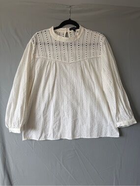 Banana Republic Womens Eyelet Crochet Peasant Blouse XL White Balloon Sleeve